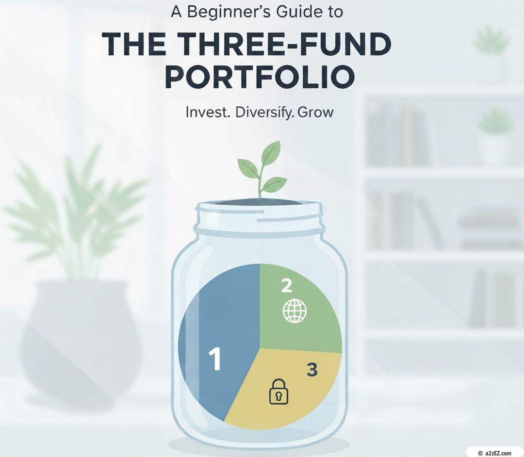 An infographic illustrating "The Three-Fund Portfolio" with a sapling growing out of a glass jar, which contains a pie chart divided into three labeled sections (1, 2, 3), representing different investment funds.