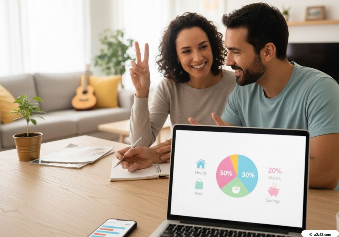 A happy couple reviewing their budget on a laptop displaying a pie chart breakdown of the 50/30/20 rule (Needs, Wants, Savings), with the woman making a peace sign, signifying agreement and success.