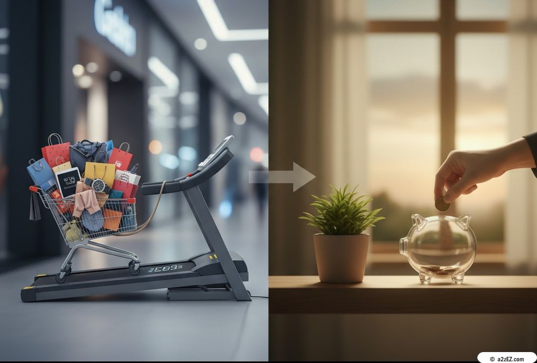 A split image showing a treadmill pushing a shopping cart full of purchases in a mall on one side, and a hand putting a coin into a piggy bank on the other, with an arrow indicating a shift from spending to saving.