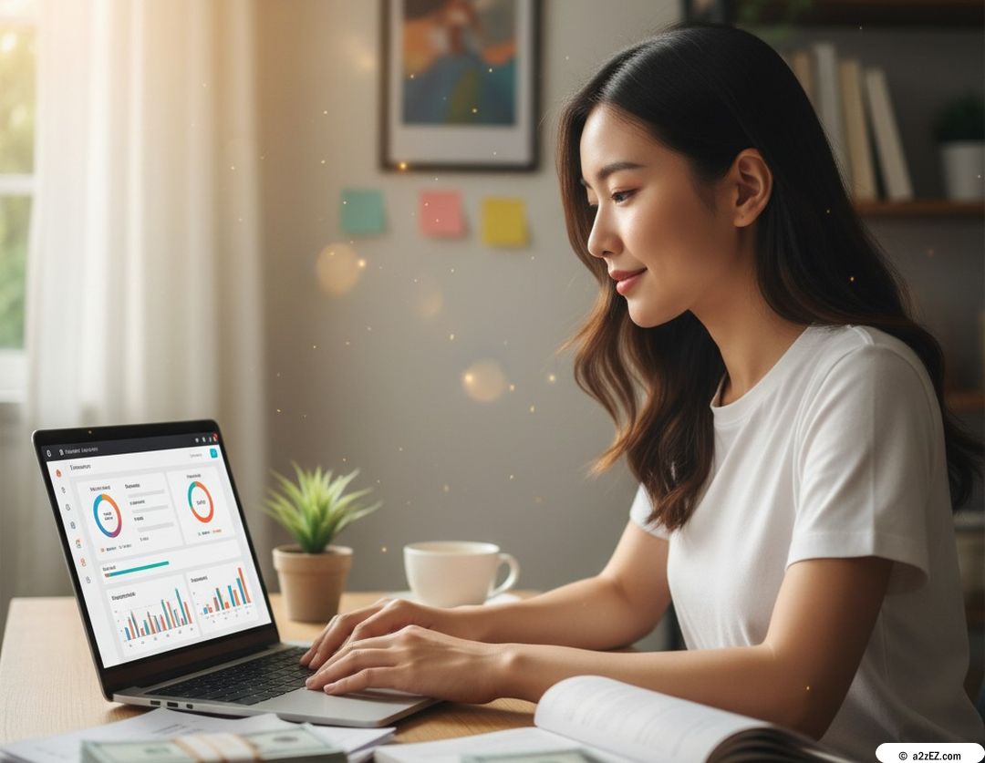 A young Asian woman sitting at a desk, focused on her laptop displaying financial dashboards and budgeting tools, with a stack of money and an open notebook beside her, representing active budget management.