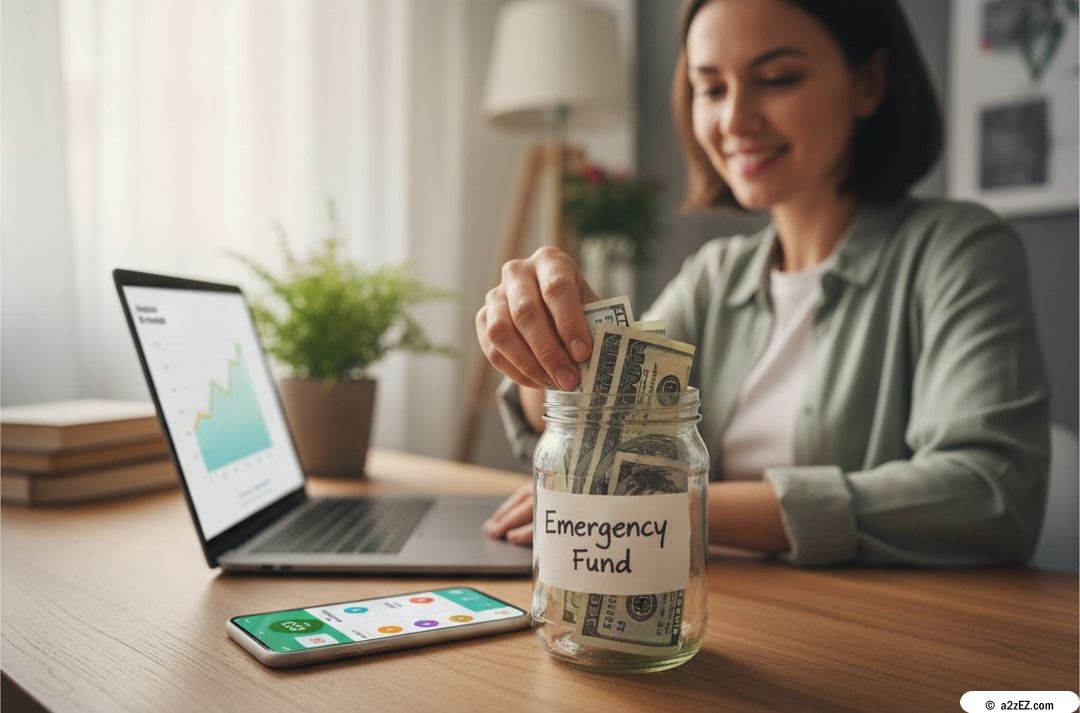 A smiling woman placing money into a glass jar labeled "Emergency Fund" on a wooden desk with a laptop displaying financial charts and a smartphone.