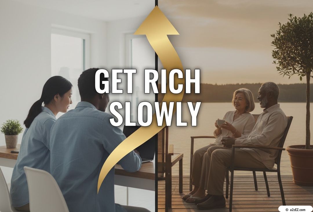 A split image illustrating "GET RICH SLOWLY." The left side shows a young, diverse couple (Asian woman, Black man) actively planning on a laptop. The right side shows an older, diverse couple (Asian woman, Black man) relaxing by a lake at sunset. A large golden arrow connects the two scenes.