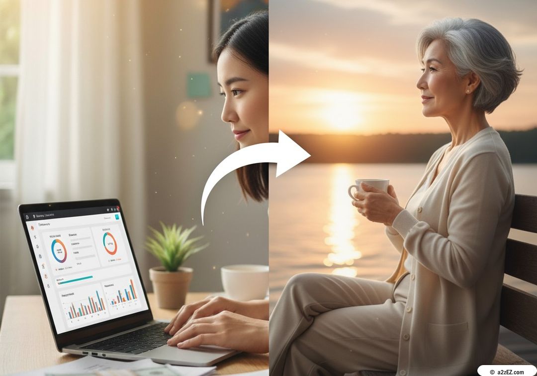 A split image showing a young Asian woman diligently planning finances on a laptop with the text, transitioning via an arrow to an older, serene Asian woman enjoying a peaceful sunset by a lake symbolizing successful retirement planning.