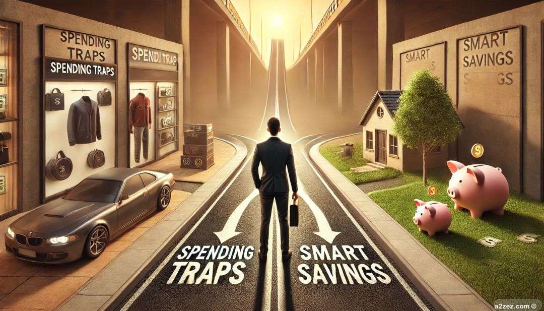 A person standing near a fork in the road - one seems to be Spending traps, and the other towards Smart Savings