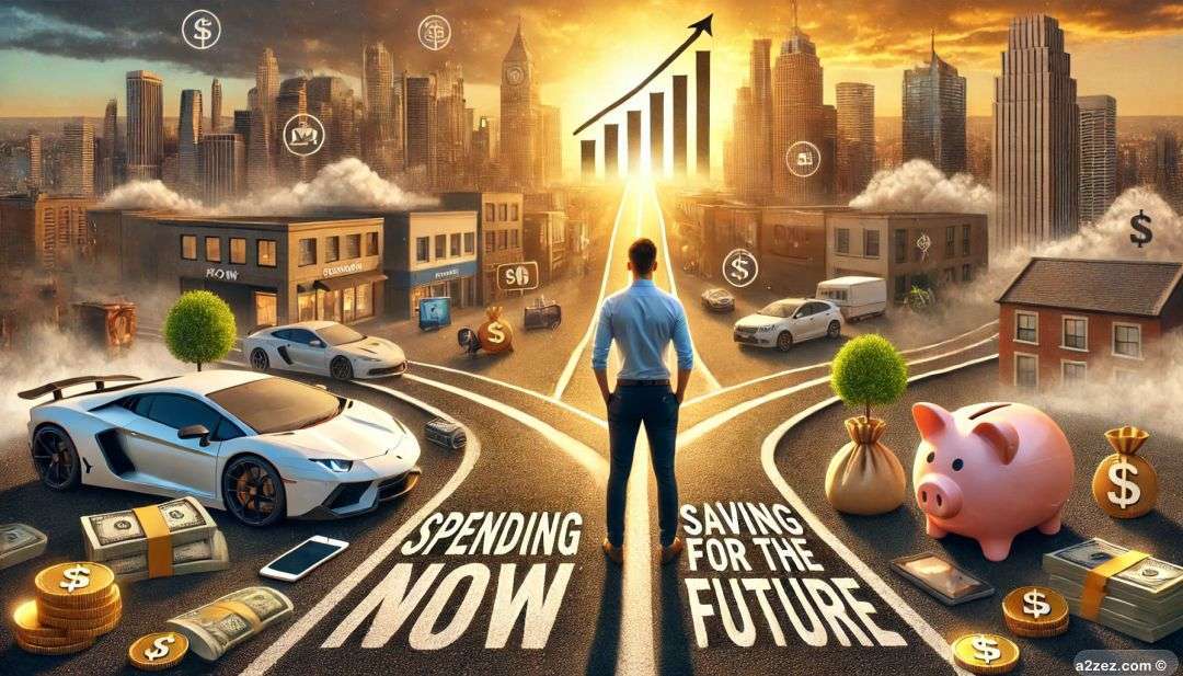 Young person standing at the fork in the road - One Leads to Spending Now and the other to Saving For the Future