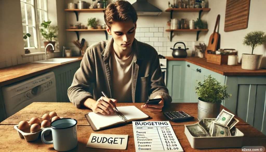 Young man working on a budget at the kitchen table - Generated By Dall-e