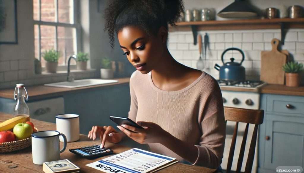 Young Lady working with a calculator maybe on a budget at the kitchen table