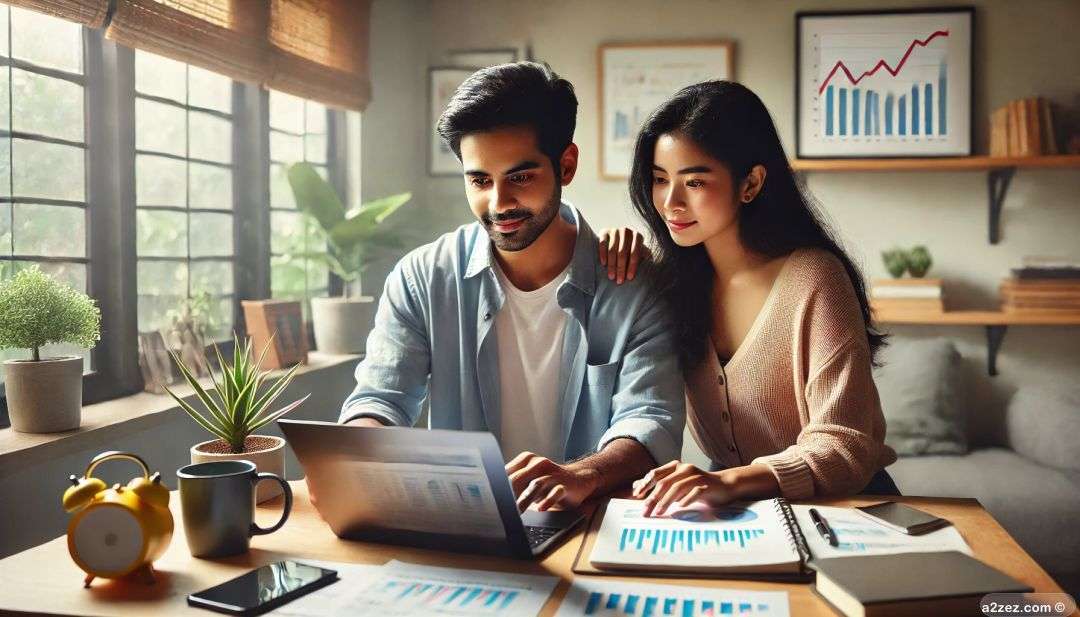 Young couple looking over a laptop going over their finances