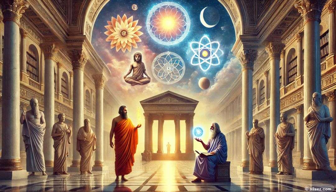 An Indian sage and a Greek philosopher exchange metaphysical ideas in the Library of Alexandria, symbolizing the blending of Eastern and Western philosophies.