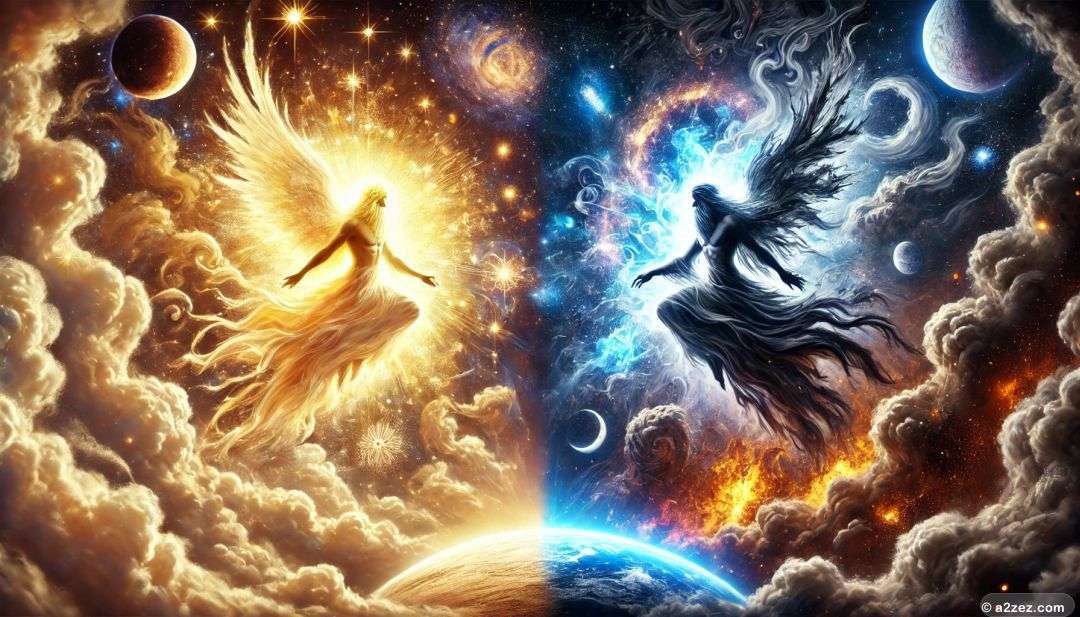 Ahura Mazda and Ahriman locked in a cosmic struggle between light and darkness, symbolizing the Zoroastrian dualism of good and evil.