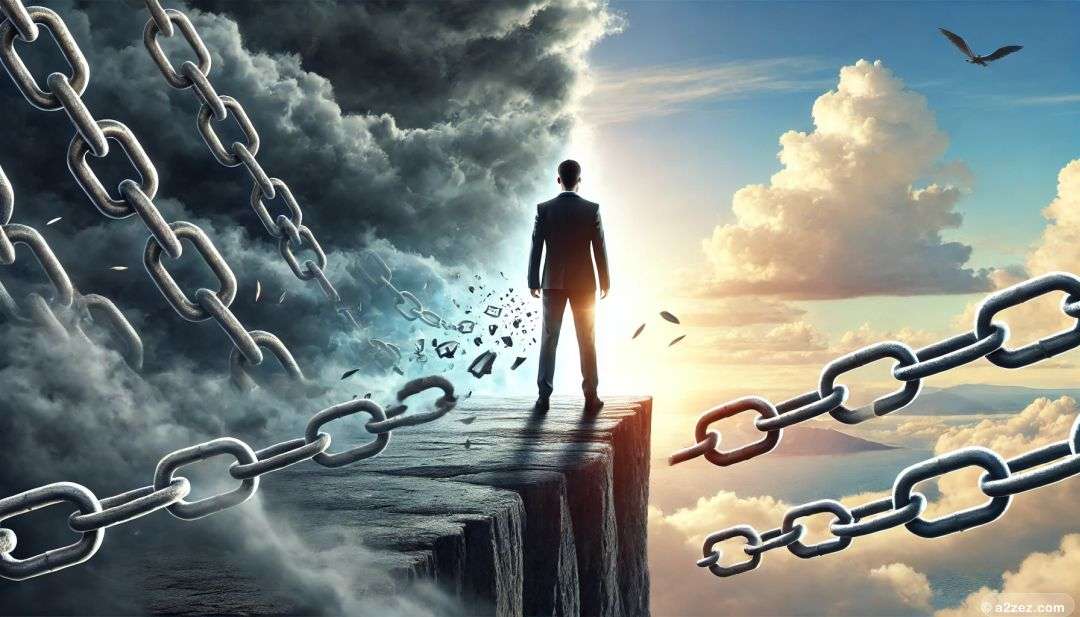 A modern professional stands on a cliff’s edge, gazing toward a bright horizon with broken chains at their feet, symbolizing Nietzsche’s concept of the free spirit, self-determination, and freedom from traditional morality.